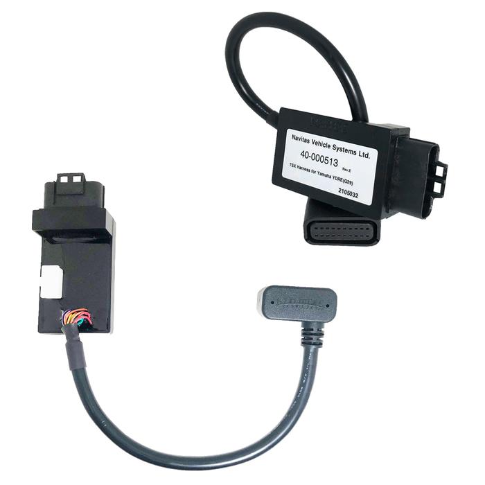 Navitas Yamaha G29/Drive TSX vehicle module, cable and plugs shown from two angles.