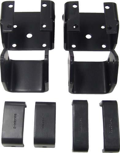 Black brackets and hardware arranged in groups for the EZGO Medalist/TXT 4-inch economy lift kit.