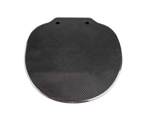 Carbon-fiber steering wheel cover shown face-on, with a dark textured finish and two mounting holes.