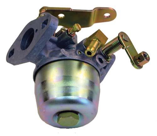 Angled view of the EZGO 2-cycle carburetor showing the intake flange, metal fuel bowl, spring and mounting brackets