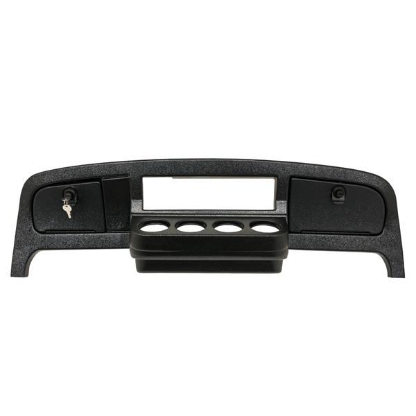 Front view of the textured black EZGO TXT/T48 dash cover with two locking doors and center cup holders.