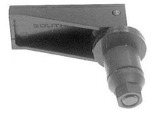 Plastic cam latch for a hinged golf cart windshield, shown from the side.