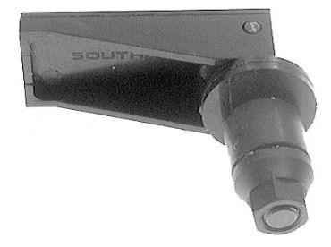 Plastic cam latch for a hinged golf cart windshield, shown from the side.