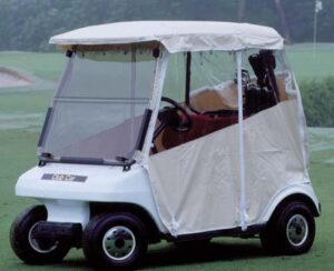 Ivory three-sided enclosure fitted over the roof and sides of a golf cart.