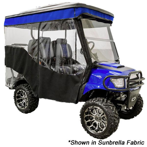 Example of a 3-sided golf-cart enclosure with clear panels and a blue roof-edge band on a blue cart; the image label says the fabric shown is Sunbrella.