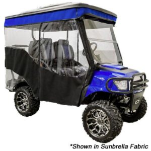 Example of a 3-sided golf-cart enclosure with clear panels and a blue roof-edge band on a blue cart; the image label says the fabric shown is Sunbrella.