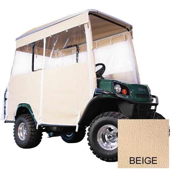 Beige track-style vinyl enclosure with clear windows displayed on a golf cart; beige color swatch shown.