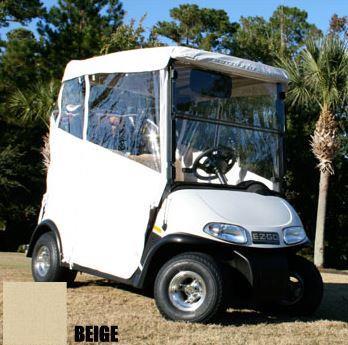 Golf cart fitted with a three-sided soft enclosure, shown from the front and side with a beige fabric swatch.