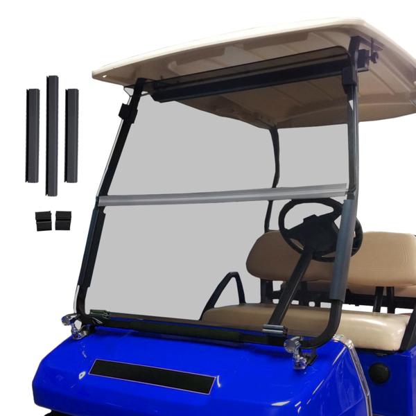 Tinted folding windshield fitted to a blue golf cart, with mounting pieces displayed beside it.