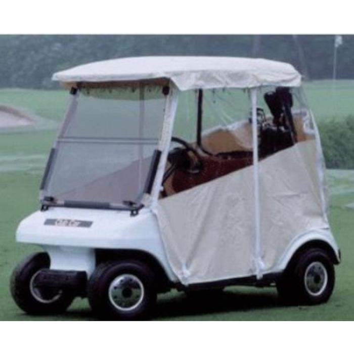 Three-sided over-the-top enclosure fitted around a Club Car DS golf cart, with clear side panels.