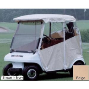Three-sided over-the-top enclosure fitted on a Club Car Precedent; the image labels the pictured enclosure as ivory and shows a beige color swatch.