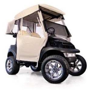 Beige 3-sided over-the-top enclosure installed on a Club Car Precedent golf cart, with clear side windows.