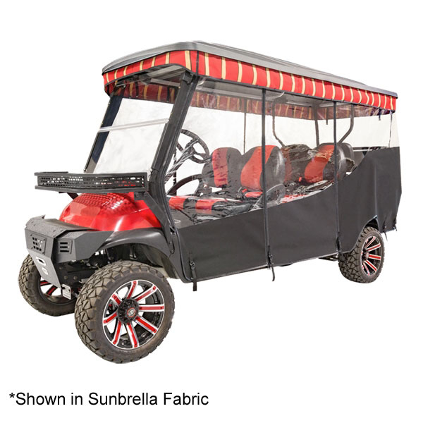 File photo of a red golf cart with a three-sided dark enclosure, clear window panels, and a red-striped valance. Nivel says the stripe color is for reference.