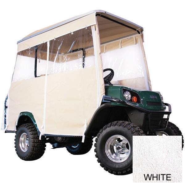 White track-style enclosure on a four-passenger cart, shown from the side with a white fabric swatch inset.
