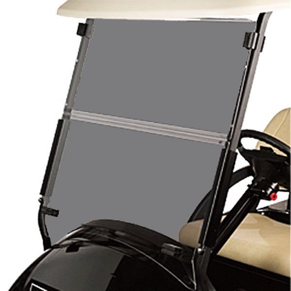 Tinted folding windshield installed beneath a golf cart roof, viewed from the front.