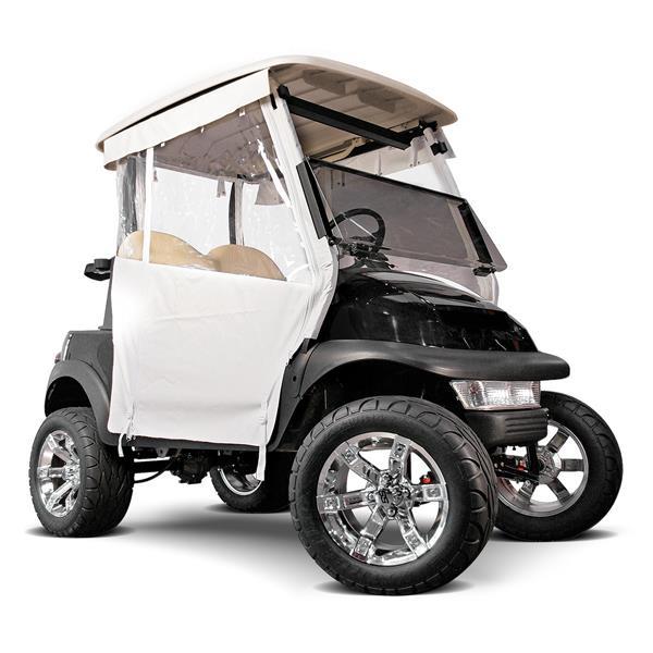White 3-sided track-style enclosure with clear windows installed on a black Club Car Precedent golf cart.