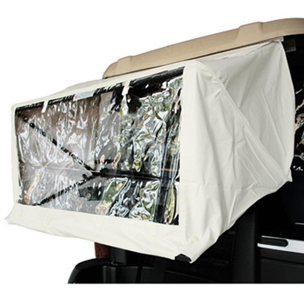 Ivory vinyl golf cart club protector with clear rear window, shown mounted behind the seats.