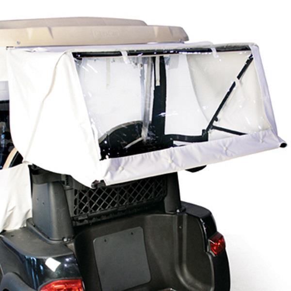 White vinyl golf cart club protector with clear rear window, shown mounted behind the seats.