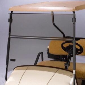 Red Dot tinted folding windshield shown installed on a golf cart, viewed from the front with the roof and front seat visible.