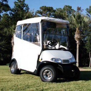 White full-back enclosure fitted over an EZGO Marathon golf cart, shown from the front and side.