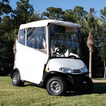 White full-back enclosure fitted over an EZGO Marathon golf cart, shown from the front and side.