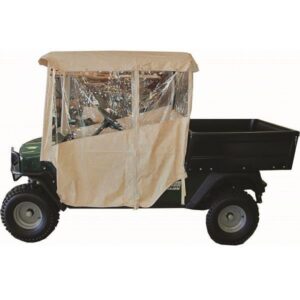 Beige three-sided vinyl enclosure with clear panels fitted to an EZGO ST350 or Workhorse utility cart, shown from the side.