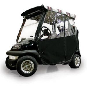 Three-quarter front view of a golf cart fitted with a black three-sided soft enclosure, striped roof and clear windows.