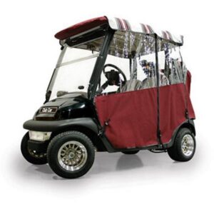 Three-quarter front view of a golf cart fitted with a burgundy three-sided soft enclosure, striped roof and clear windows.