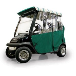 Three-quarter front view of a golf cart fitted with a forest green three-sided soft enclosure, green and white striped roof, and clear windows.