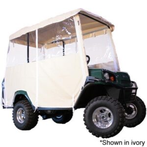 EZGO TXT golf cart fitted with a three-sided vinyl enclosure; the product image notes the enclosure is shown in ivory.