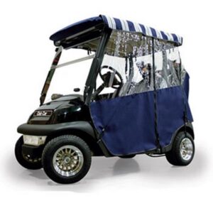 Three-quarter front view of a golf cart fitted with a navy blue three-sided soft enclosure, navy and white striped roof, and clear windows.