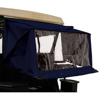 Navy golf-cart club protector with a clear rear window, shown fitted over the rear seating area.