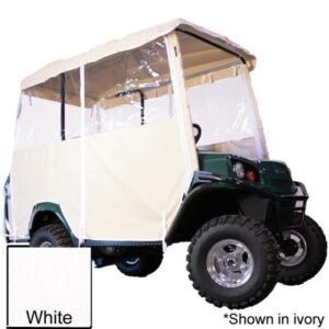 White three-sided vinyl enclosure with clear upper panels on an EZGO TXT golf cart; a White color swatch is shown, and the image notes the enclosure is shown in ivory.