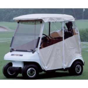 White over-the-top vinyl enclosure with clear side windows installed on a golf cart, front-side view