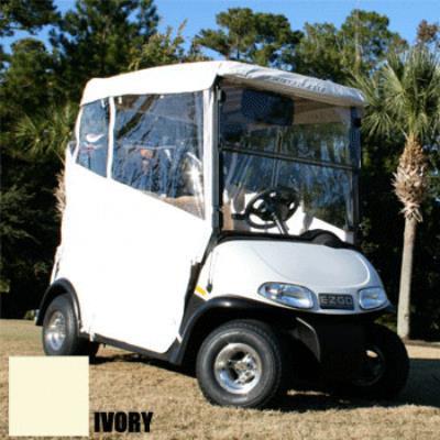 Ivory three-sided enclosure with clear window panels fitted to a golf cart, shown from a front-side angle.