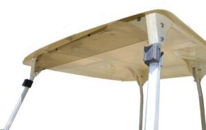Tinted windblocker panel installed beneath a golf cart roof between the roof supports.