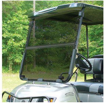 Tinted folding windshield fitted to a Yamaha G22 golf cart.
