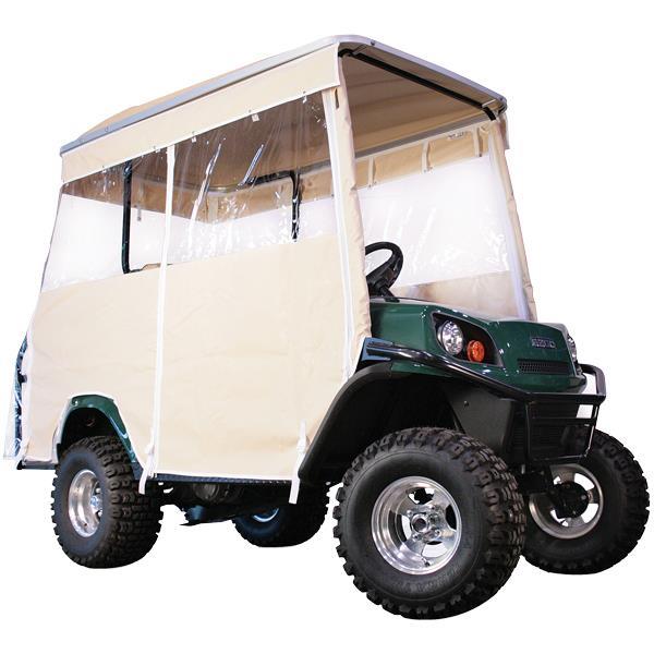 Ivory enclosure with clear windows fitted to a golf cart, shown from the front and passenger side.