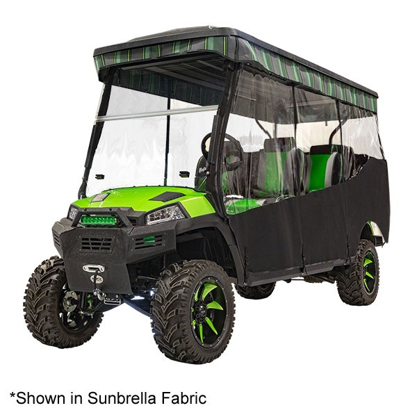 File photo of a green utility cart with a dark three-sided enclosure, clear windows, and a green-striped valance. Nivel says black is shown for reference.