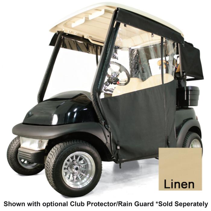Red Dot Chameleon enclosure with a visible Linen fabric swatch; source page notes the display photo shows a Club Car Precedent and optional accessories sold separately.