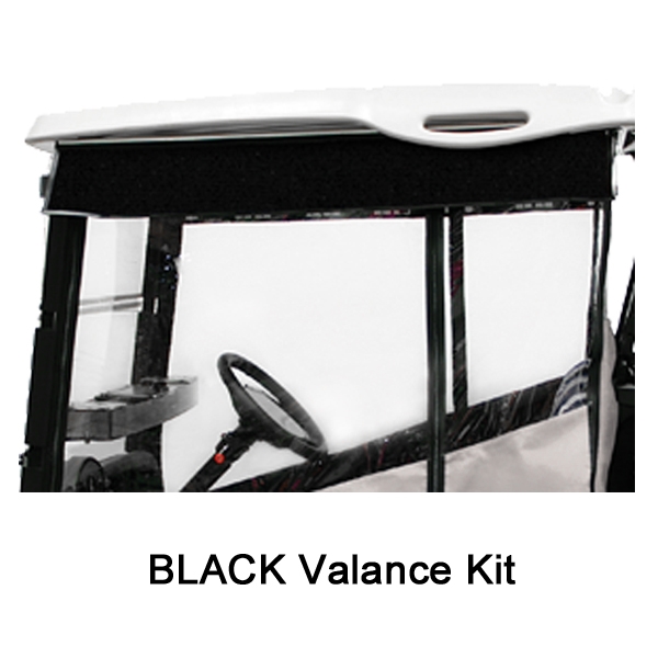 Black valance installed beneath a golf cart roof above the windshield and side enclosure.