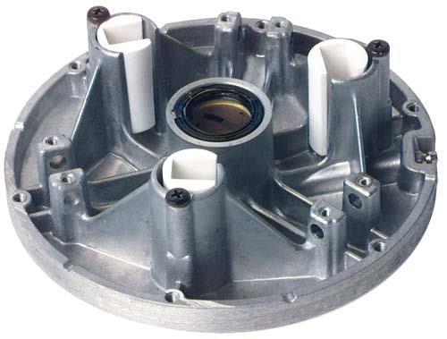 Yamaha primary sliding sheave assembly with a round cast housing, central bearing and three white slider blocks.