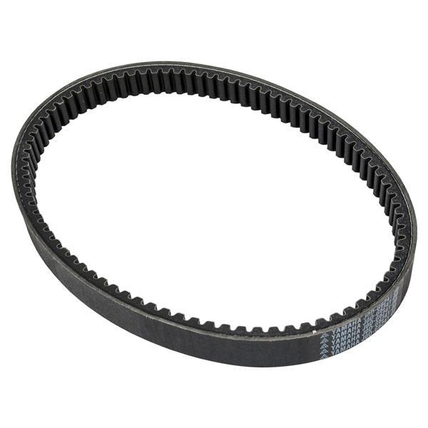 Yamaha V-belt, black toothed belt looped on a white background.
